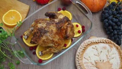 a woman is preparing a festive dinner at home. chicken with oranges. On the table there is pie and fruits, grapes, apples, pumpkin. Roasted Turkey. Thanksgiving table served . Christmas dinner