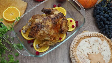 a woman is preparing a festive dinner at home. chicken with oranges. On the table there is pie and fruits, grapes, apples, pumpkin. Roasted Turkey. Thanksgiving table served . Christmas dinner