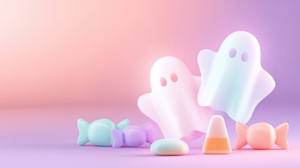 Playful pastel ghost figures surrounded by colorful candies on a soft gradient background, evoking a festive mood