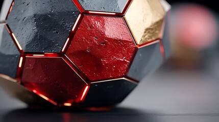 the photograph presents a polygonal object constructed from various textured sections, including dark gray, gold, and red components
