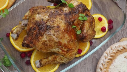 a woman is preparing a festive dinner at home. chicken with oranges. On the table there is pie and fruits, grapes, apples, pumpkin. Roasted Turkey. Thanksgiving table served . Christmas dinner