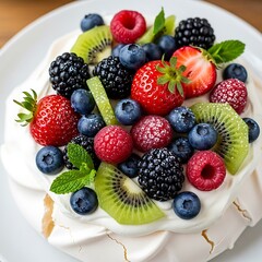 Obraz premium A delectable pavlova topped with a vibrant array of fresh berries, kiwi, and strawberries, showcasing a beautiful display of sweet and colorful artistry.