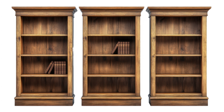 Set of three wooden bookcases isolated on transparent background