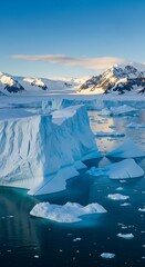 Majestic icebergs float in a glacial bay, surrounded by towering snow-capped mountains, bathed in the serene light of a pristine winter day.