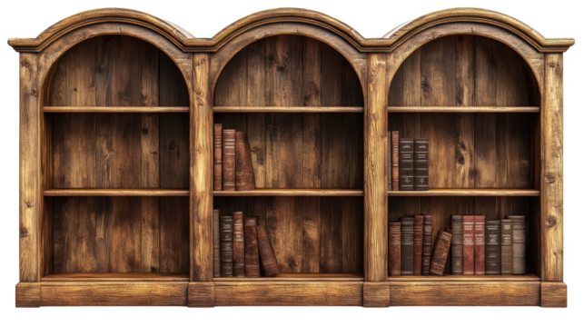 Set of three wooden bookcases isolated on transparent background