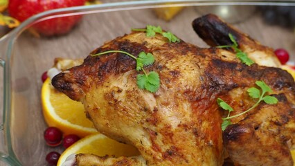 a woman is preparing a festive dinner at home. chicken with oranges. On the table there is pie and fruits, grapes, apples, pumpkin. Roasted Turkey. Thanksgiving table served . Christmas dinner
