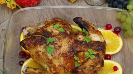 a woman is preparing a festive dinner at home. chicken with oranges. On the table there is pie and fruits, grapes, apples, pumpkin. Roasted Turkey. Thanksgiving table served . Christmas dinner