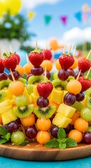 Colorful fruit skewers, arranged attractively on a wooden platter, with various fruits like strawberries, grapes, kiwi, honeydew melon, and pineapple, create a vibrant and appetizing display.