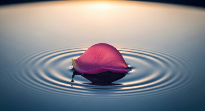 A single petal creates ripples on a calm water surface - Powered by Adobe