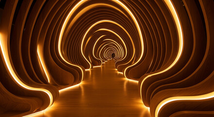 Obraz premium Futuristic Amber Tunnel with Curved Architecture, Reflective Floor, Warm Lighting, Surreal Corridor Perspective, and Modern Ambient Design Aesthetic, 4K image 