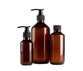 Three amber glass bottles with black pump/cap tops, arranged in a slightly staggered stack