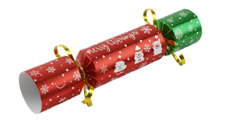 Festive Red and Green Christmas Cracker with Snowflakes, Snowmen, and 'Merry Christmas' Text on Transparent Background