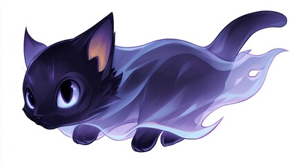 A playful black cat with a ghostly aura gliding through a whimsical, colorful background