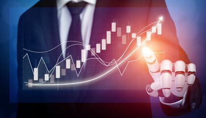 A businessman interacts with digital financial data through a robotic hand, showcasing modern technology in analysis and growth trends for investment strategies. Impute