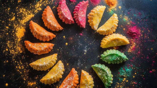 A variety of pastries, arranged in a rainbow pattern and sprinkled with colorful powdered sugar.