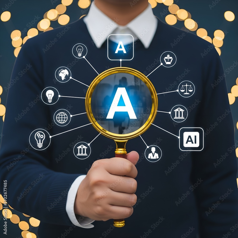 Aufkleber man holding magnifying glass examining artificial intelligence network with icons representing techn