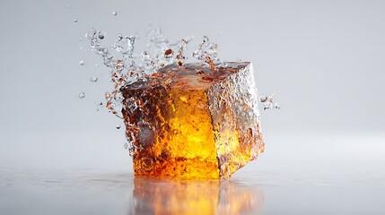 Exploding ice cube with amber liquid dissolving into particles against a clean background