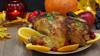 a woman is preparing a festive dinner at home. chicken with oranges. On the table there is pie and fruits, grapes, apples, pumpkin. Roasted Turkey. Thanksgiving table served . Christmas dinner