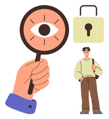 Hand holding magnifying glass with eye, padlock symbolizing cybersecurity, and a casually dressed individual. Ideal for privacy, surveillance, personal data, safety, online protection, awareness