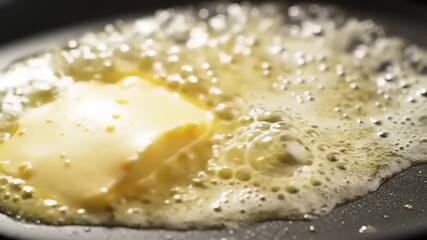 Melting butter in pan with closeup.