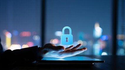 Digital security and data protection concept with hand and lock icon