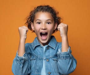 A young girl with curly hair, wearing a denim jacket, expresses excitement with her mouth wide open and fists raised against an orange backdrop.