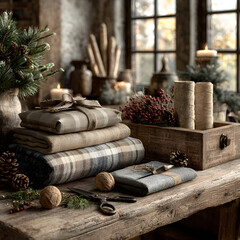 The item is a rustic gift wrapping station with neutral tones and seasonal accents.