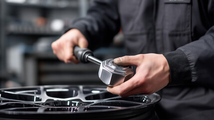 Macro shot of a mechanic&rsquo;s hands rotating a shiny wheel nut with a torque wrench.