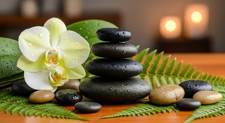 Zen stones and orchid flower arrangement.