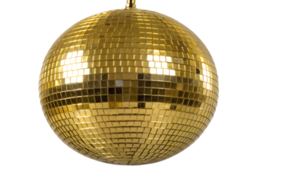 Shiny golden disco ball cut out isolated on white background PNG. AI GENERATED.