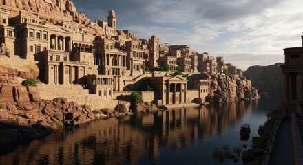 Fototapeta premium Ancient City on a Riverbank Under a Dramatic Sky