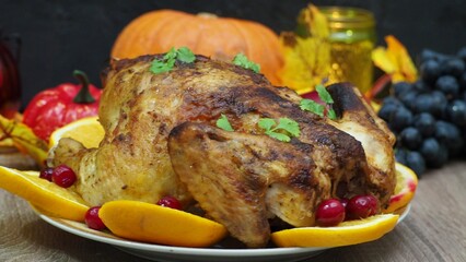 a woman is preparing a festive dinner at home. chicken with oranges. On the table there is pie and fruits, grapes, apples, pumpkin. Roasted Turkey. Thanksgiving table served . Christmas dinner