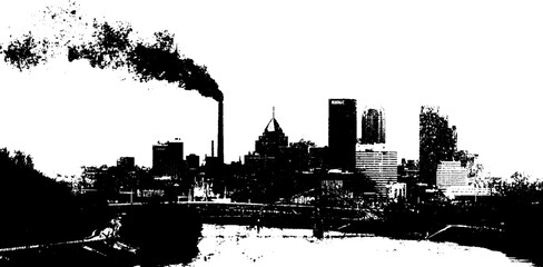 Black ink silhouette of industrial city skyline with smokestack emissions