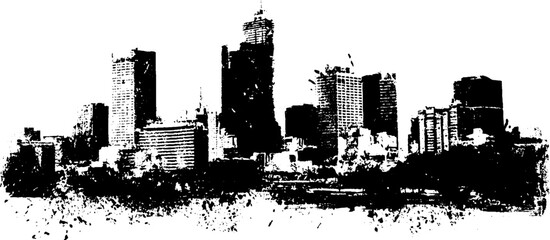 Obraz premium Black ink silhouette of modern city skyline with urban grunge art style