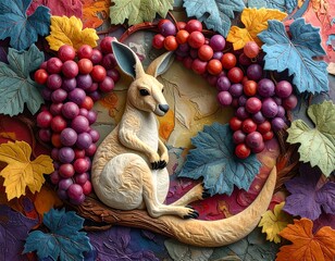 Kangaroo amidst colorful grapes and leaves