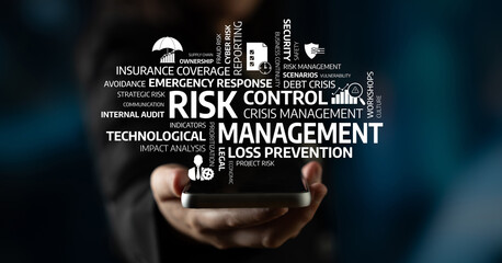 A striking visual encapsulating essential risk management terms and concepts, ideal for business presentations, articles, or websites focused on risk control and management. Tessel