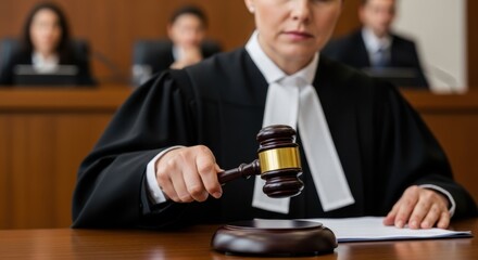 Judge Bangs Gavel in Courtroom During Trial Proceedings