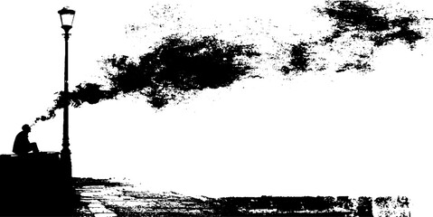 Obraz premium Silhouette of noir alley with street lamp and mysterious smoking figure in black ink