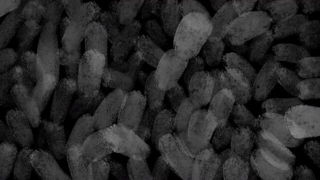 Stop-motion abstract animation with grayscale smudges and brush textures moving rhythmically across the screen. Minimalist style with hand-drawn, dynamic feel. Loopable, 4K
