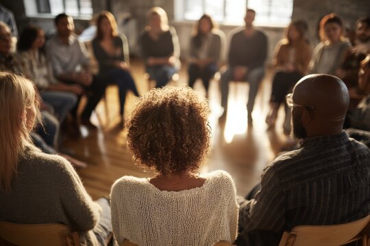 Rehab setting. Diverse group of people at addiction recovery therapy session meeting, with their backs to camera, chairs arranged in circle. 