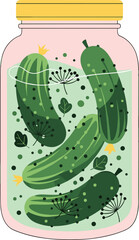 Pickle jar with green pickles, dill flowers, and brine, food preservation clipart, vector illustration, isolated, cad drawing flat vector illustration