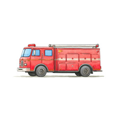 Vintage red fire truck side view illustration with ladder details, cut out