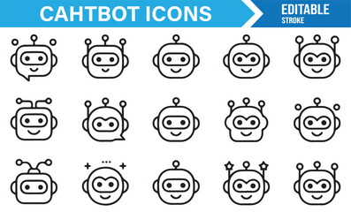 Linear stroke icons of cute chatbots for customer support, messaging, and AI projects