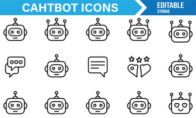 Editable outline icons of chatbot robot faces for artificial intelligence and automation design