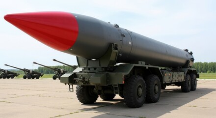 Long range missile system on military transporter vehicle