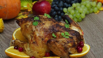 a woman is preparing a festive dinner at home. chicken with oranges. On the table there is pie and...