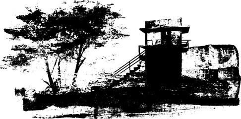 Black ink silhouette of a ruined watchtower and tree with grunge texture