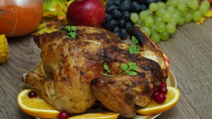 a woman is preparing a festive dinner at home. chicken with oranges. On the table there is pie and fruits, grapes, apples, pumpkin. Roasted Turkey. Thanksgiving table served . Christmas dinner