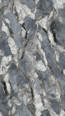 Seamless tile design with grey marble texture, featuring light grey veins and black splashes,