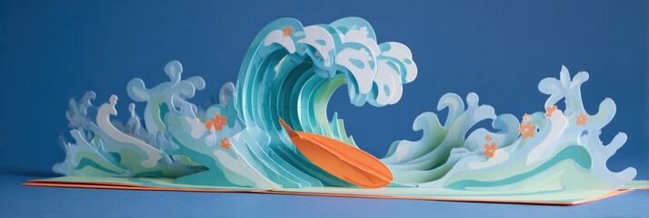 Beautifully Crafted Pop-Up Artwork of Ocean Waves With a Surfboard Set Against a Blue Background, Showcasing Impressive Design and Vibrant Colors